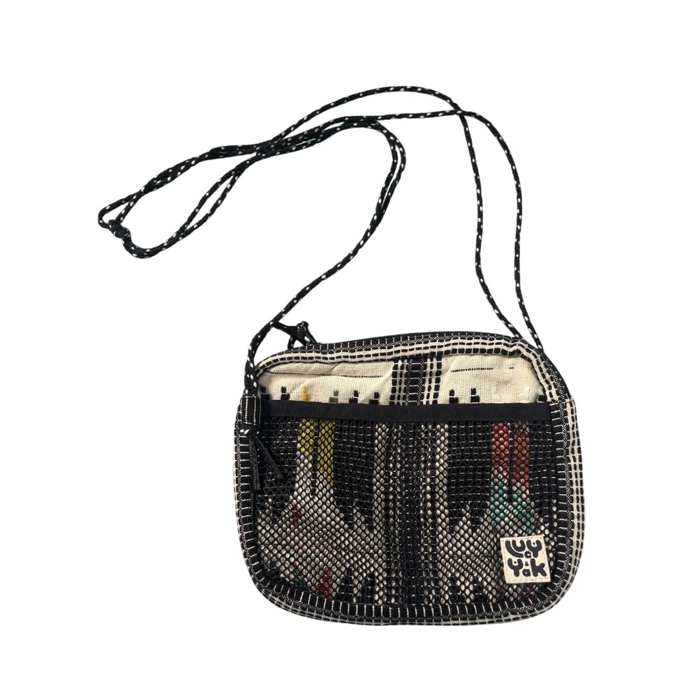 Lucy and Yak Black White Geometric Jacquard Crossbody Mesh Pocket Bag